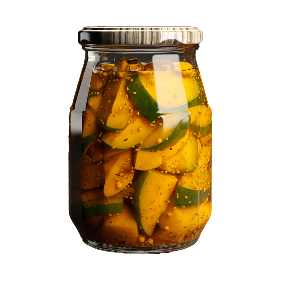 ai generiert köstlich Mango Essiggurke im Glas Krug png isoliert auf transparent Hintergrund