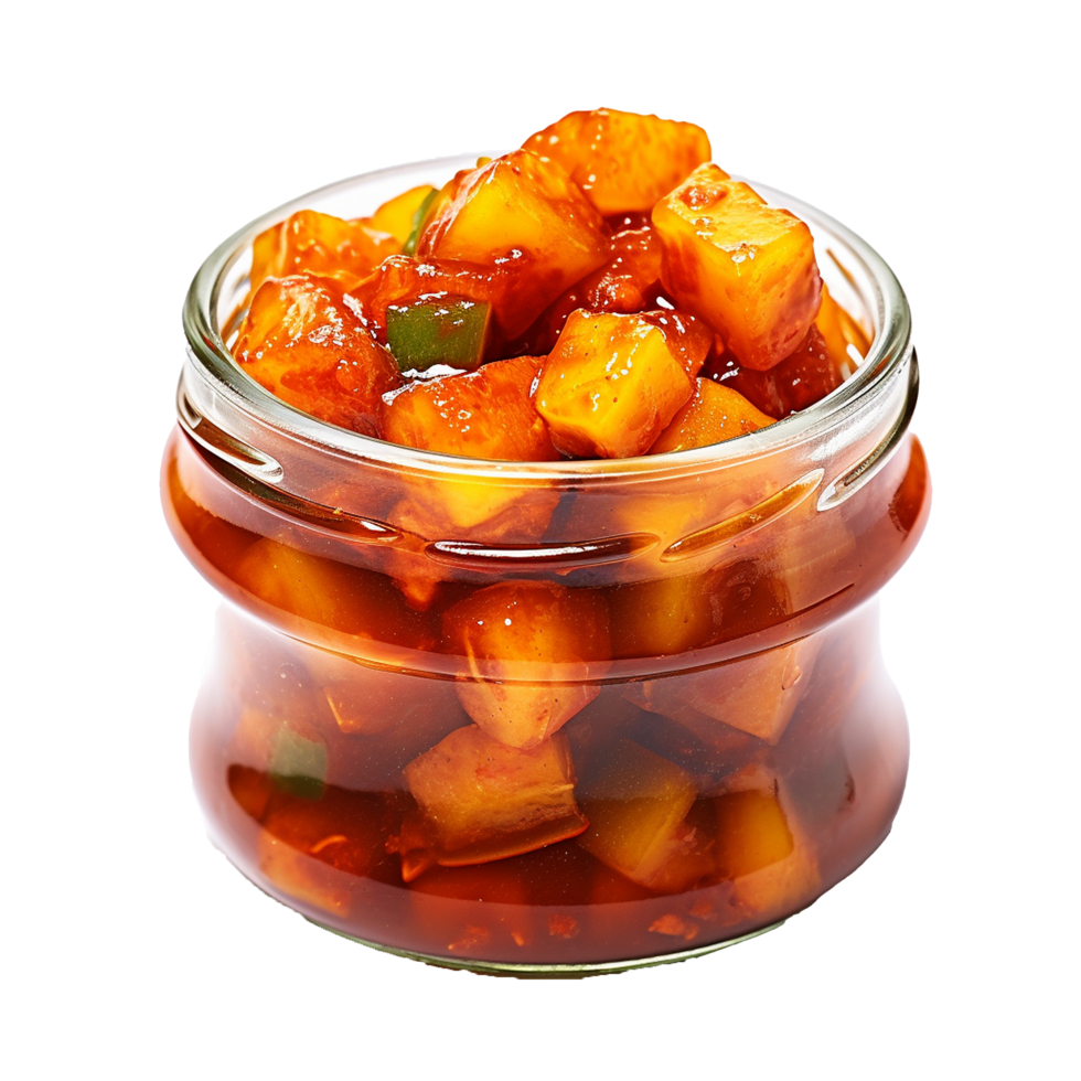 AI generated Delicious mango pickle in glass jar png isolated on transparent background