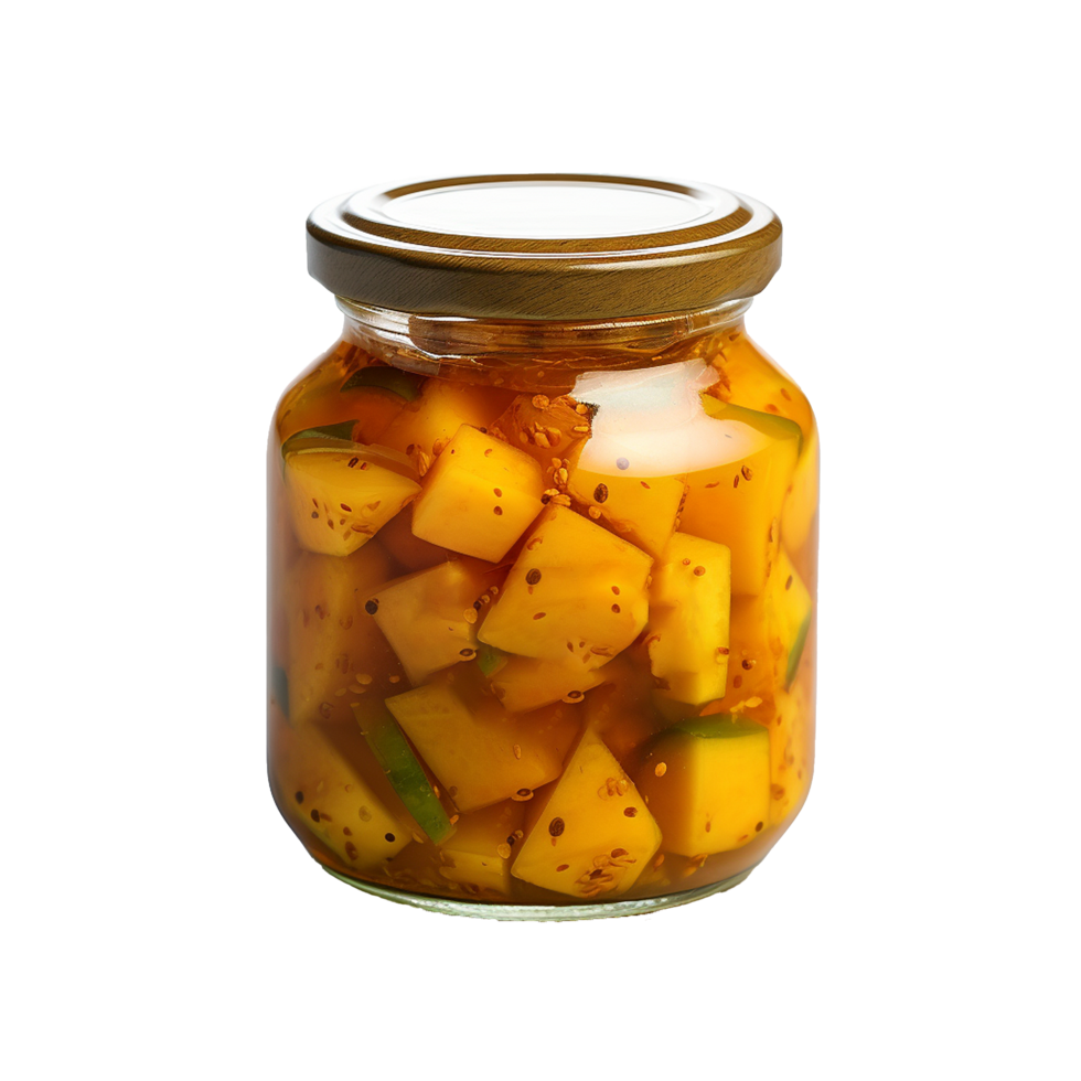 AI generated Delicious mango pickle in glass jar png isolated on transparent background