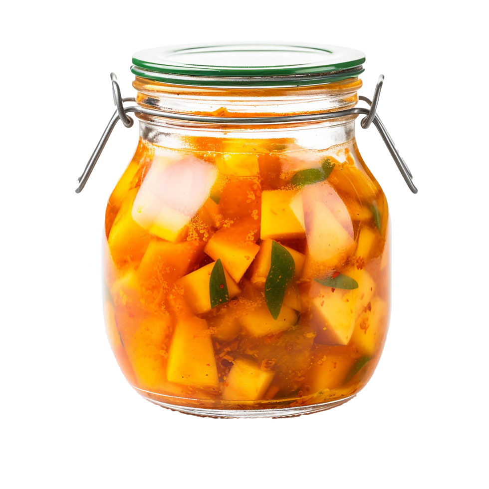 AI generated Delicious mango pickle in glass jar png isolated on transparent background