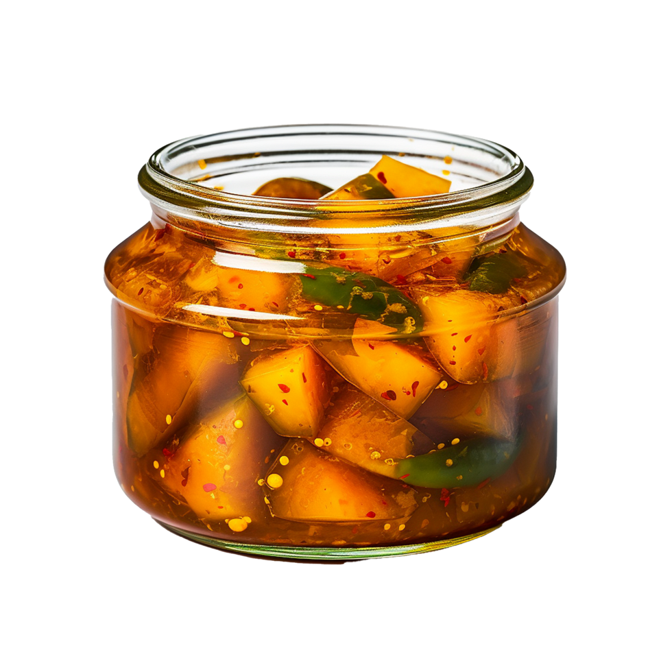 ai généré délicieux mangue cornichon dans verre pot png isolé sur transparent Contexte