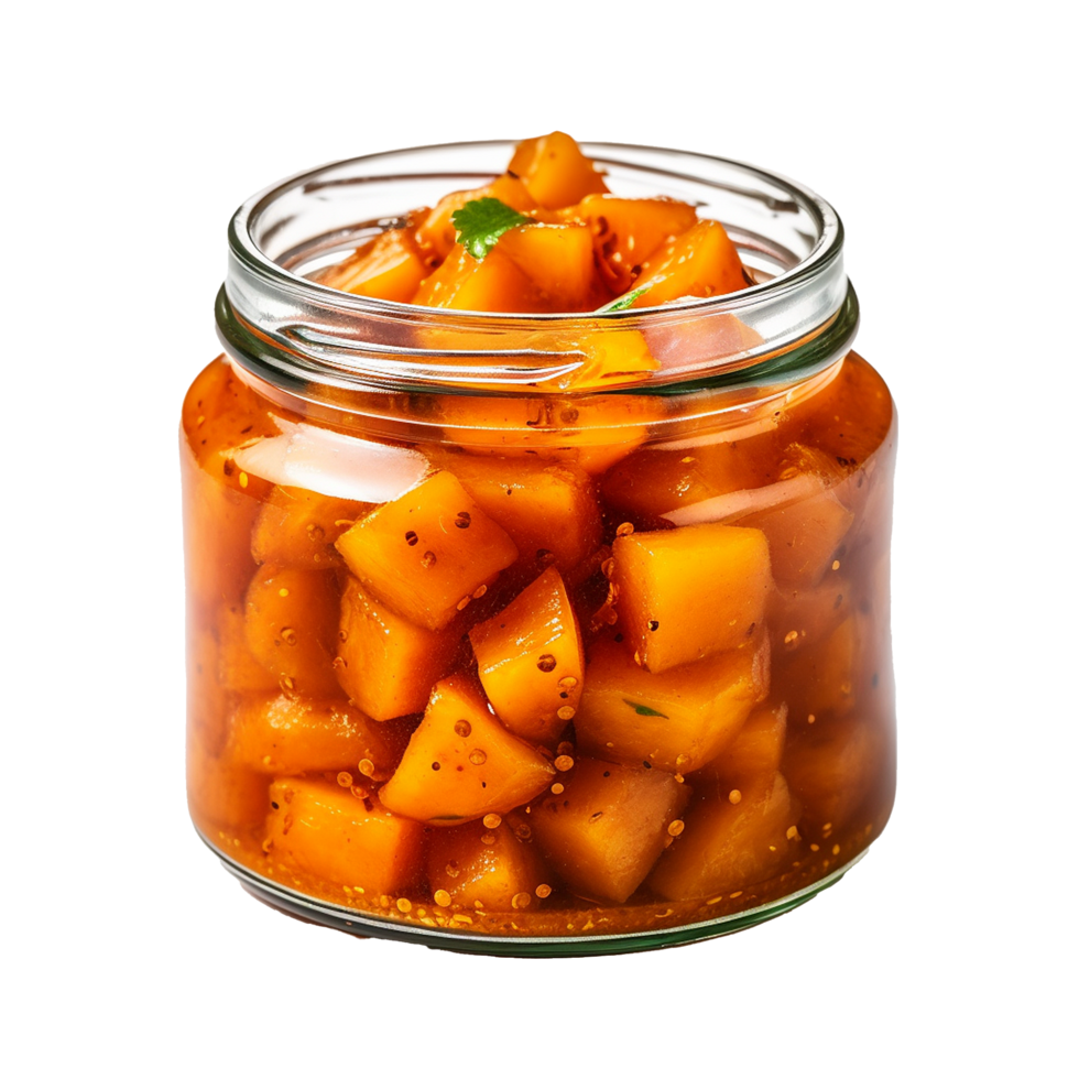AI generated Delicious mango pickle in glass jar png isolated on transparent background