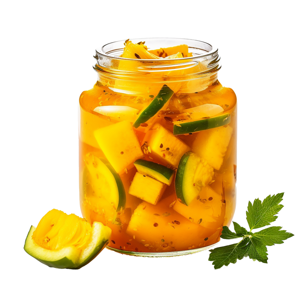 ai generiert köstlich Mango Essiggurke im Glas Krug png isoliert auf transparent Hintergrund