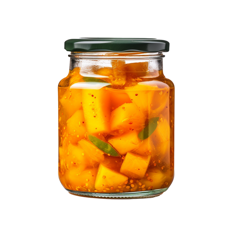 AI generated Delicious mango pickle in glass jar png isolated on transparent background