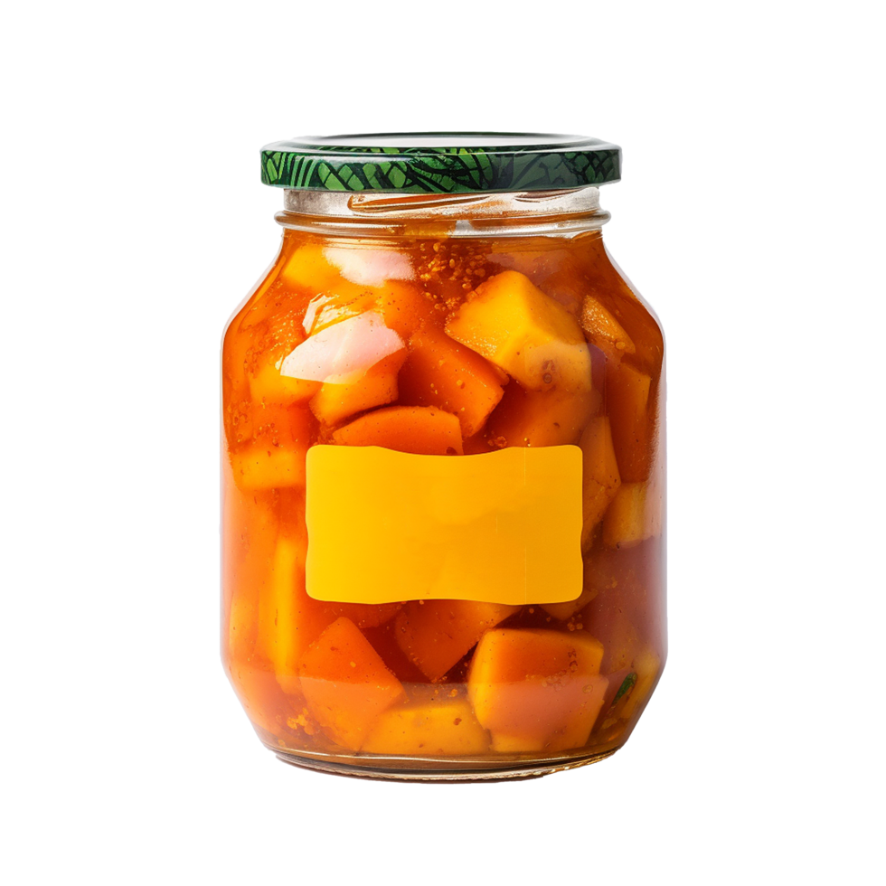 ai gegenereerd heerlijk mango augurk in glas pot PNG geïsoleerd Aan transparant achtergrond