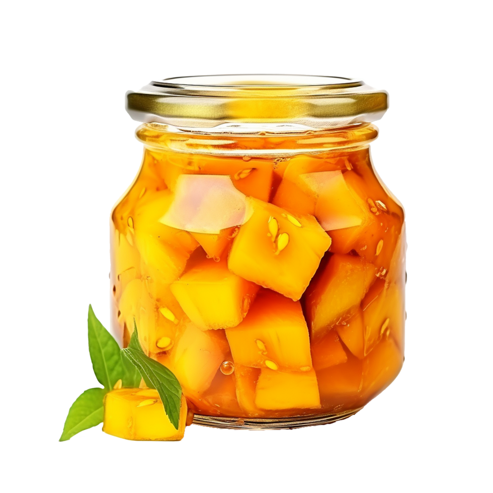 AI generated Delicious mango pickle in glass jar png isolated on transparent background