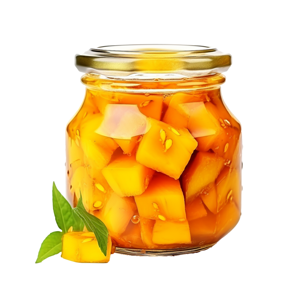 ai generato delizioso Mango salamoia nel bicchiere vaso png isolato su trasparente sfondo