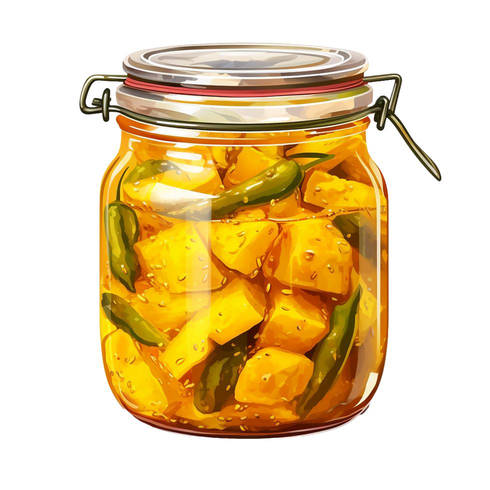 ai généré délicieux mangue cornichon dans verre pot png isolé sur transparent Contexte