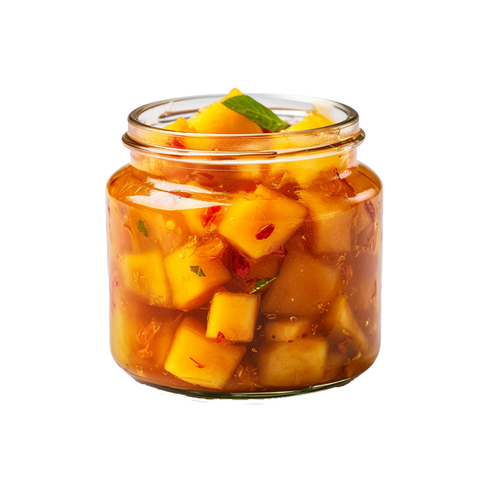 AI generated Delicious mango pickle in glass jar png isolated on transparent background