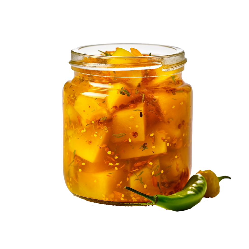 AI generated Delicious mango pickle in glass jar png isolated on transparent background