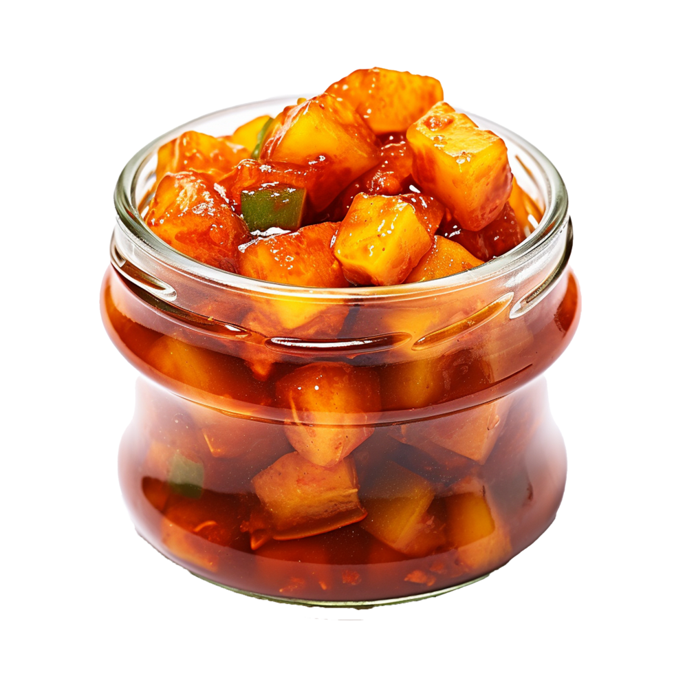 AI generated Delicious mango pickle in glass jar png isolated on transparent background