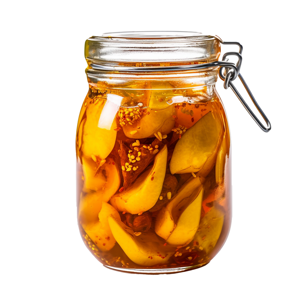 ai gegenereerd heerlijk mango augurk in glas pot PNG geïsoleerd Aan transparant achtergrond