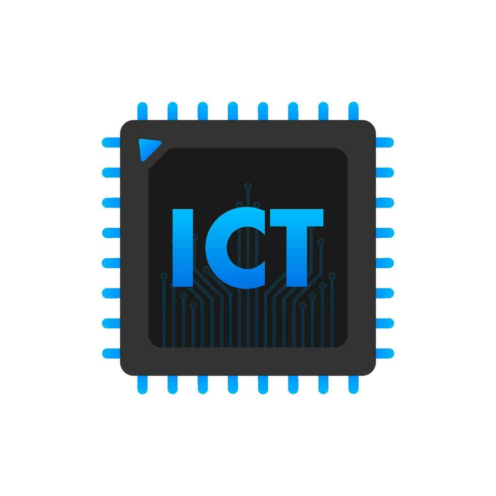 Vector illustration of an integrated circuit chip with ICT acronym, representing Information and Communication Technology