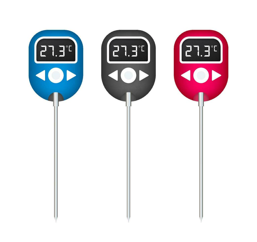 Set of colorful digital food thermometers with modern design, displaying temperature, vector illustration for kitchen use