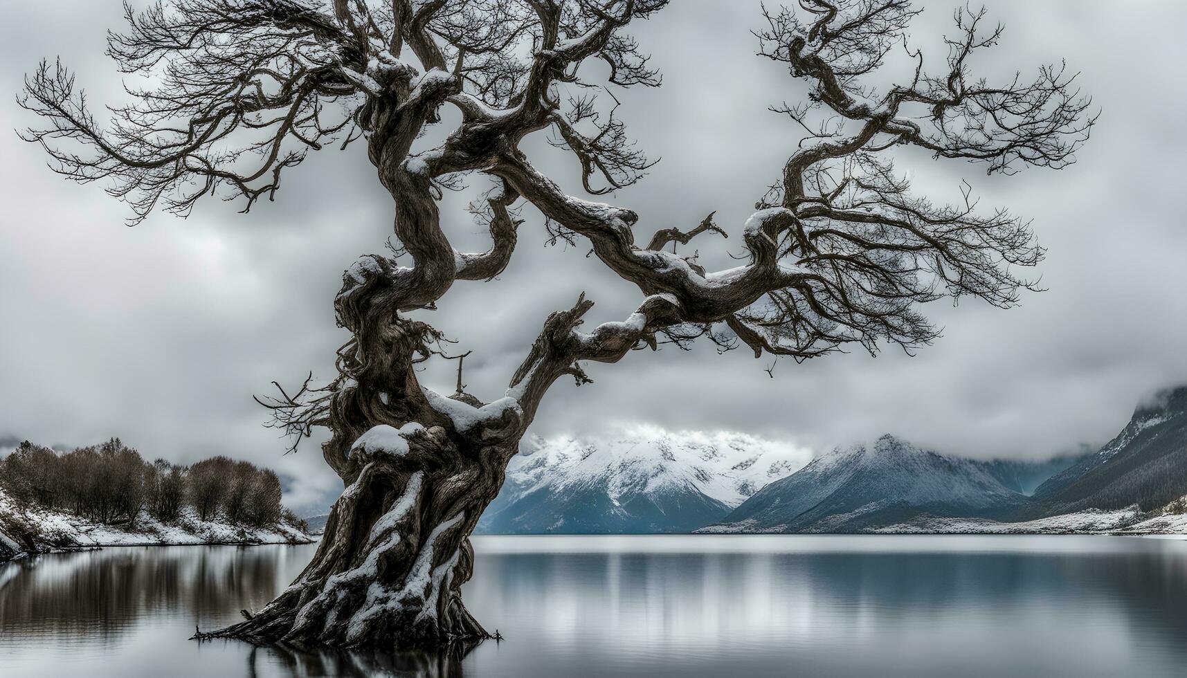 ai generado un solitario árbol en el medio de un lago con nieve en eso foto