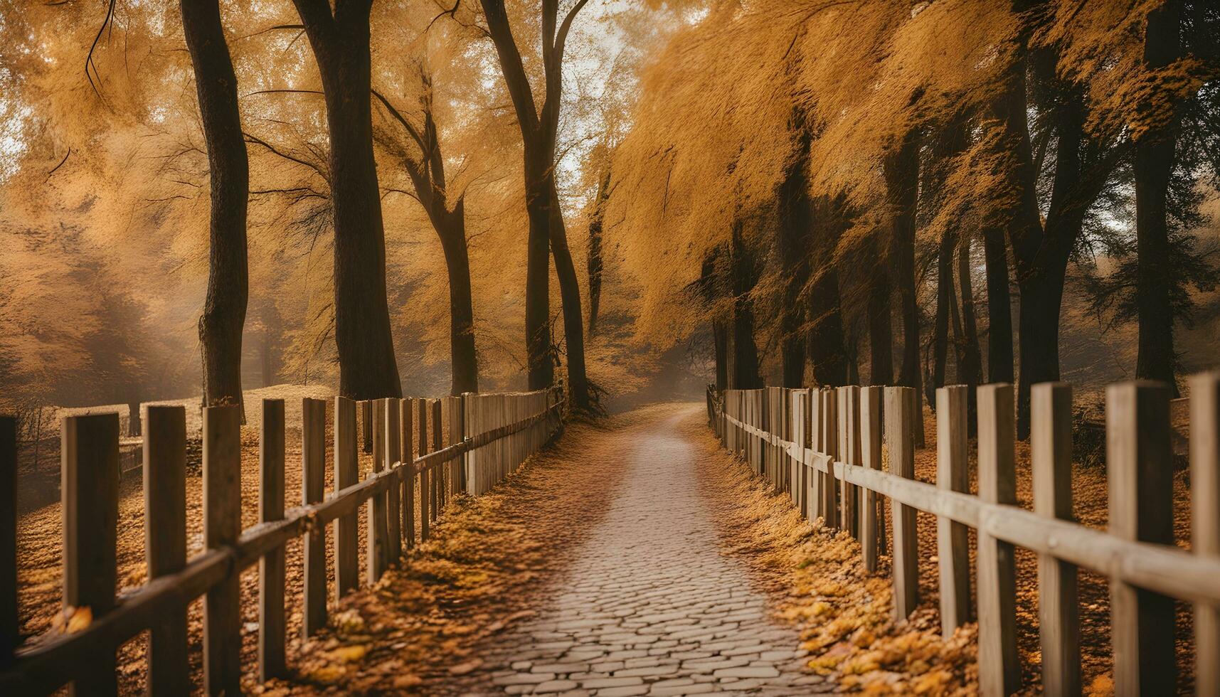 ai generado un camino en el bosque con arboles y hojas foto