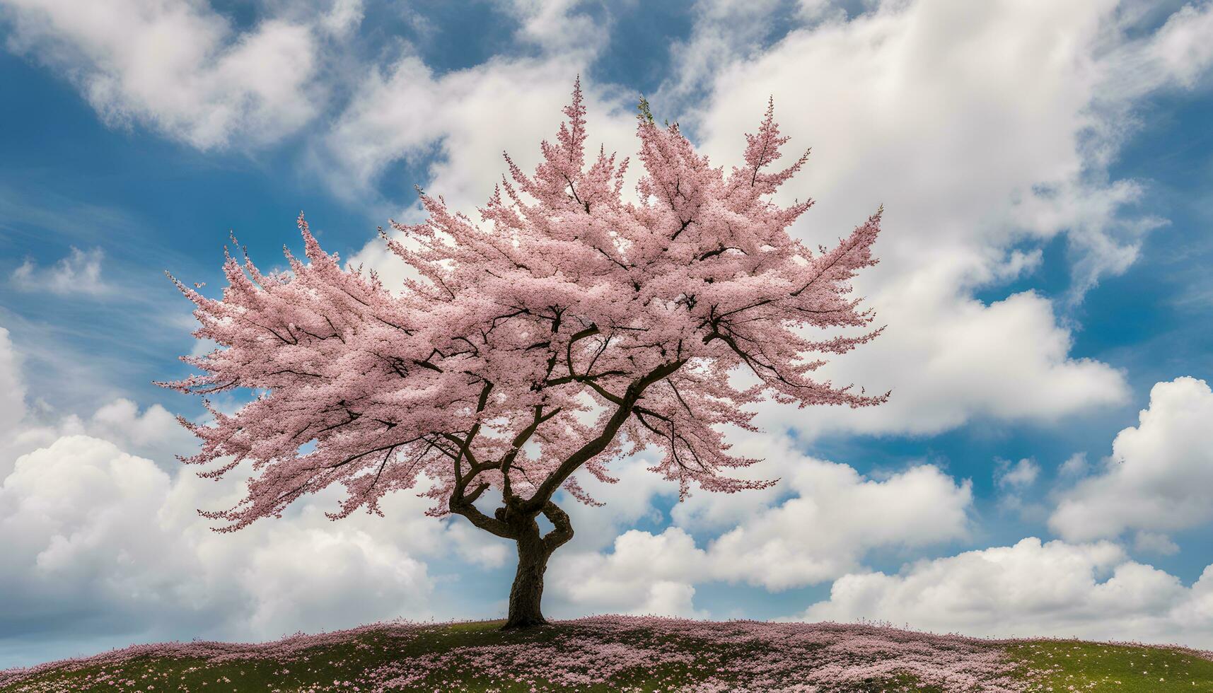 AI generated a single pink tree stands on top of a hill photo