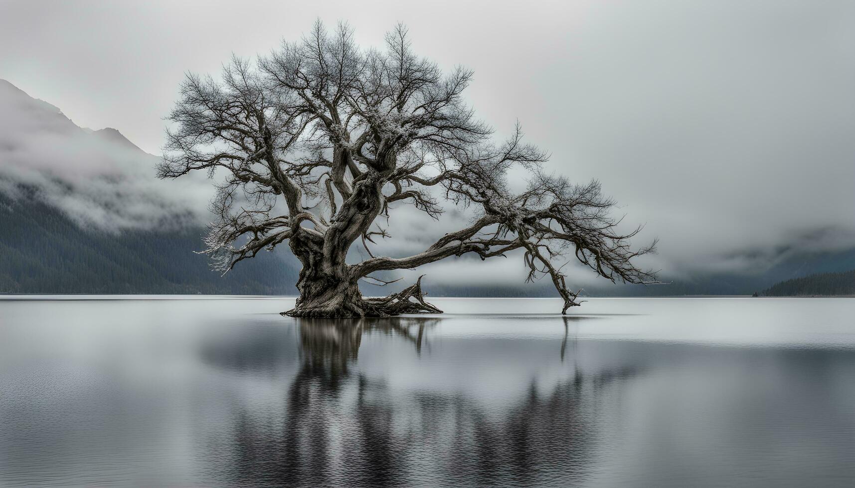 ai generado un solitario árbol en el medio de un lago foto