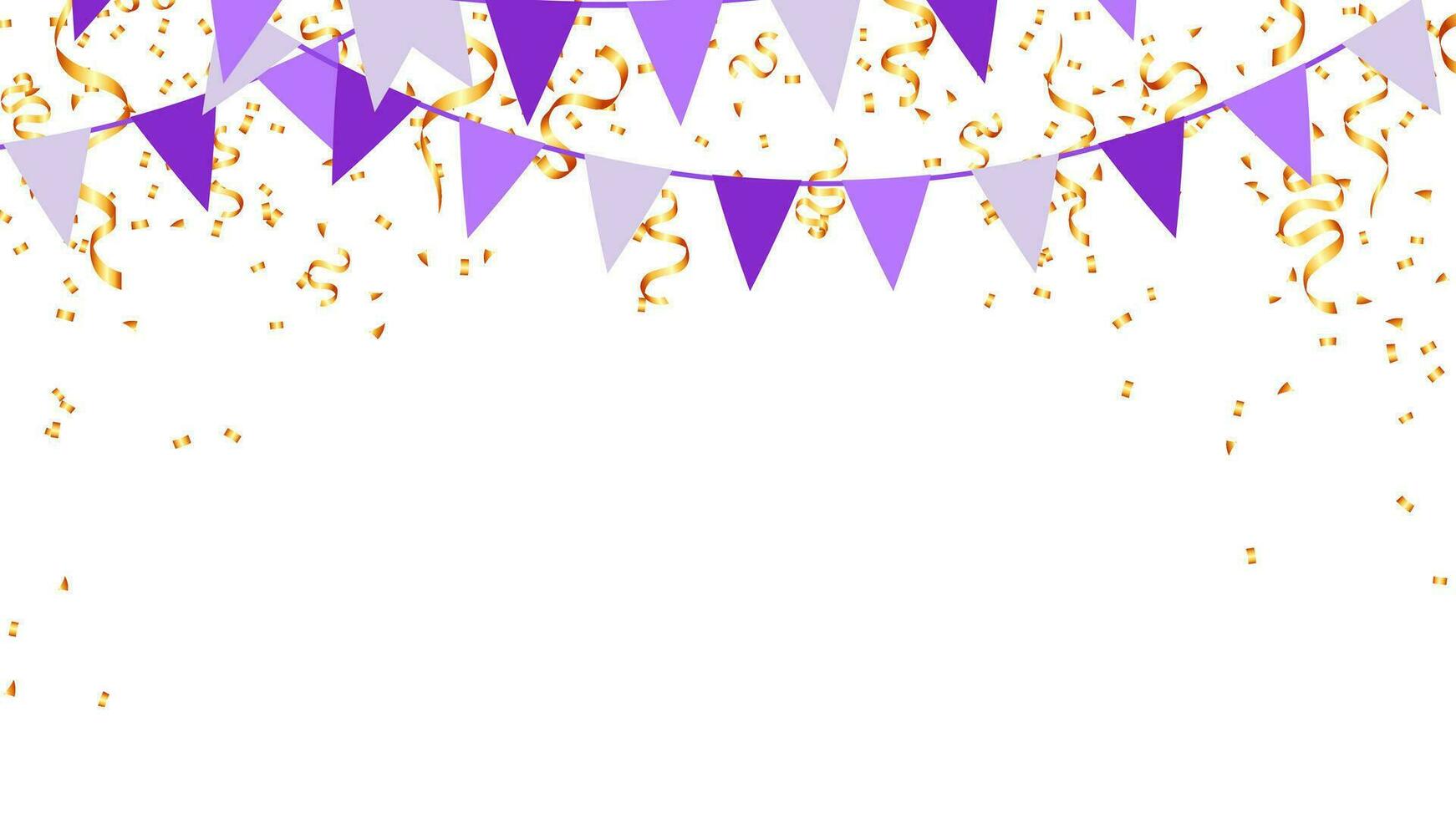 Flag garlands purple color and falling gold confetti isolated ornament background for birthday, party, festival vector
