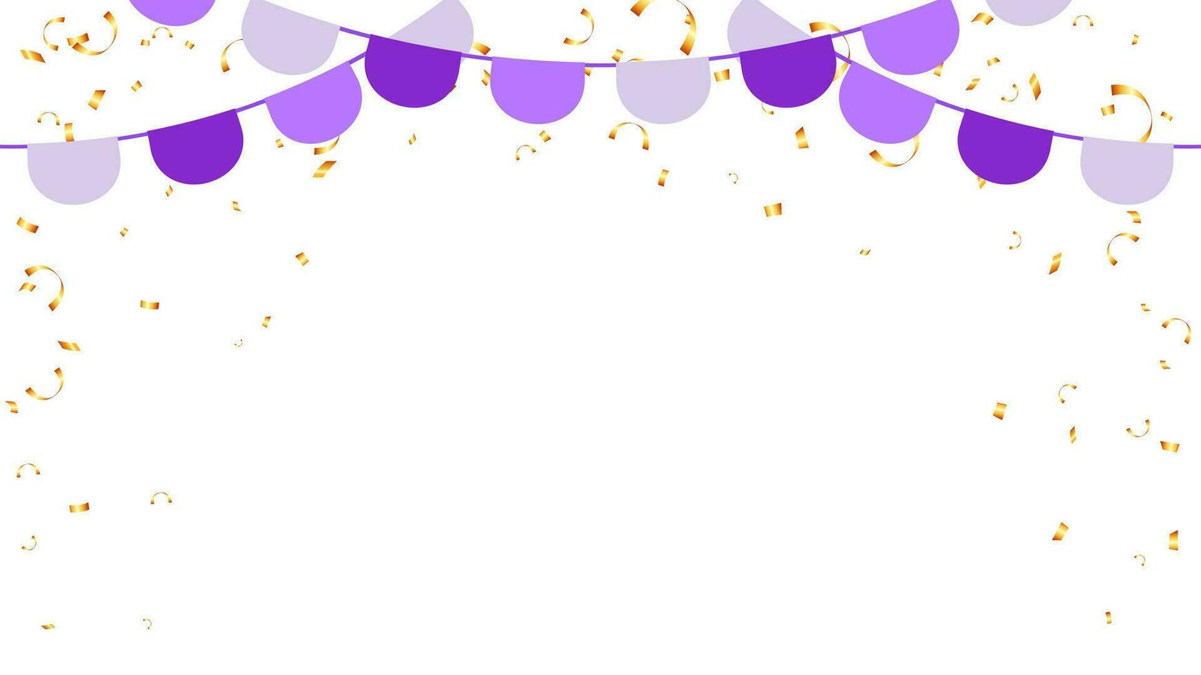 Frame purple bunting garland flag and confetti birthday decoration elements vector