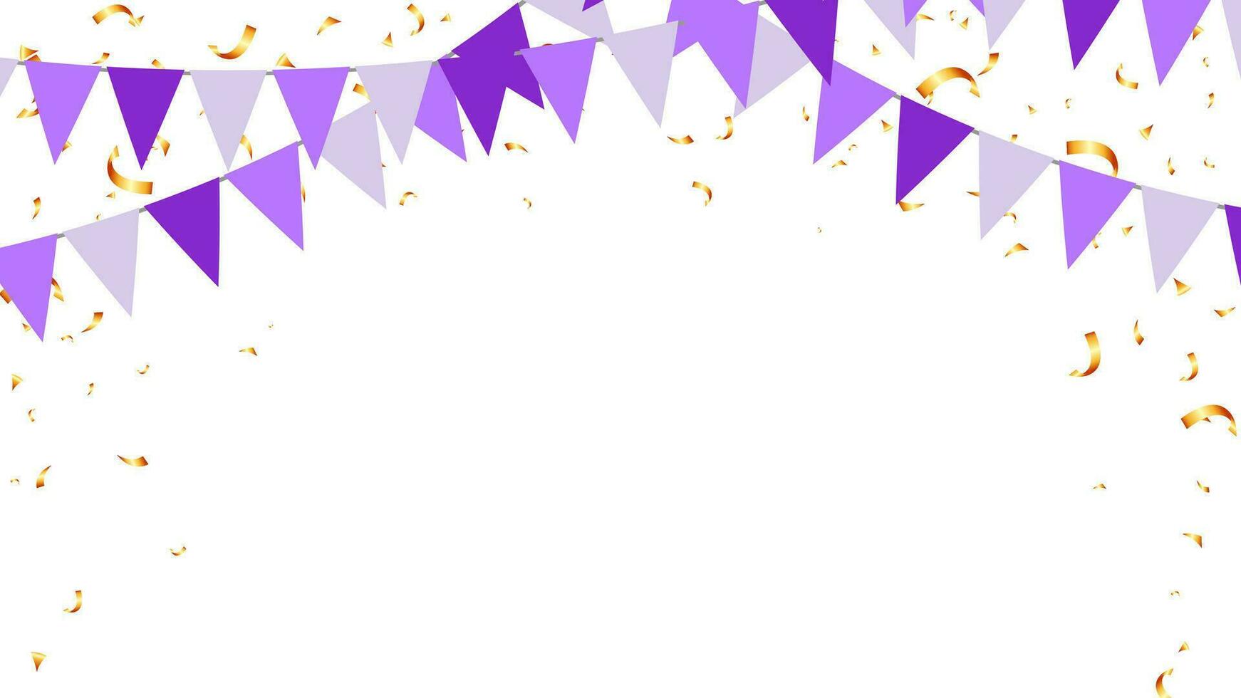 Purple triangle pennants chain and confetti for party birthday, celebration, carnival, anniversary and decoration vector