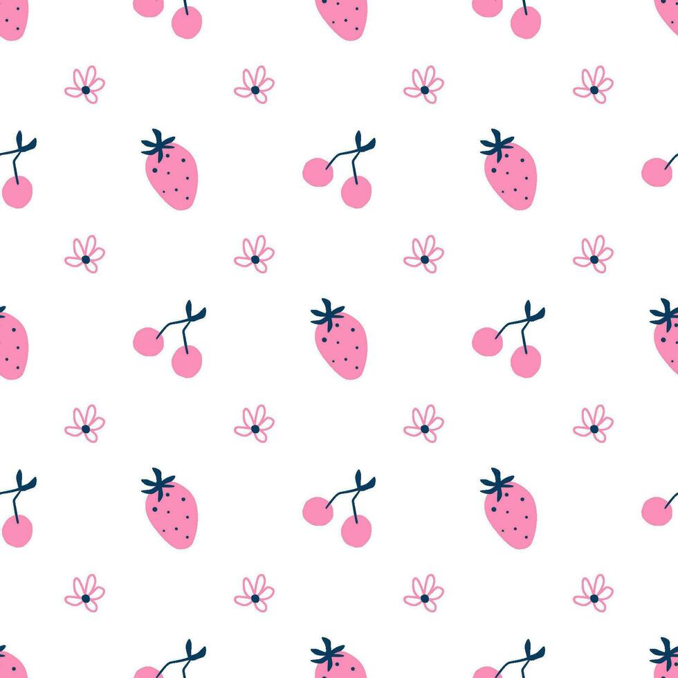 Pink doodle love seamless pattern for Valentines day. Hand strawberry, cherry, flower daisy in minimal style. Vector cute wallpaper, 14 February repeat background, sweet minimalist print, wrapping.