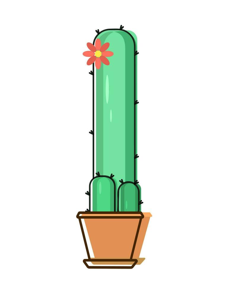 Green spiny long branching cactus with pink blooming flower in brown pot. Illustration with outline. Vector