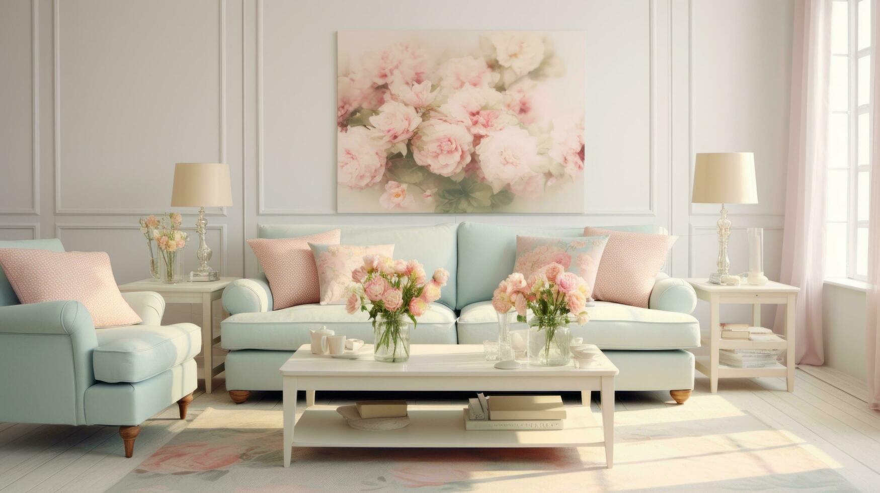 AI generated A beautifully decorated living room, adorned with pastel-colored cushions, throws photo