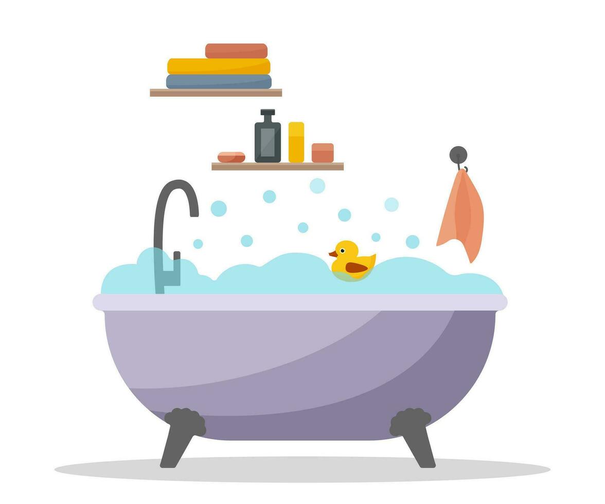 Illustration of a bathtub filled with foam and a floating duck. Bathroom. Bathroom interior design. Vector in flat style.