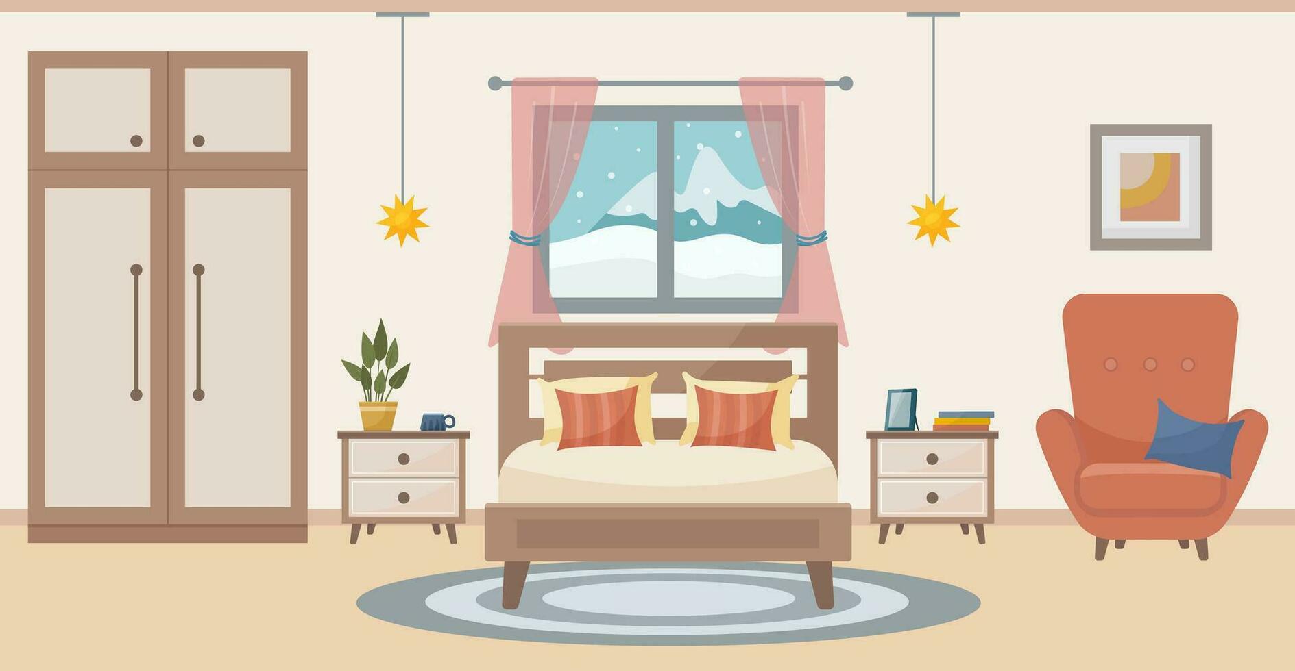 acogedor dormitorio. dormitorio interior cama, suave silla, alfombra, en conserva plantas, armario, ventana con un invierno vista. interior concepto. vector plano ilustración.