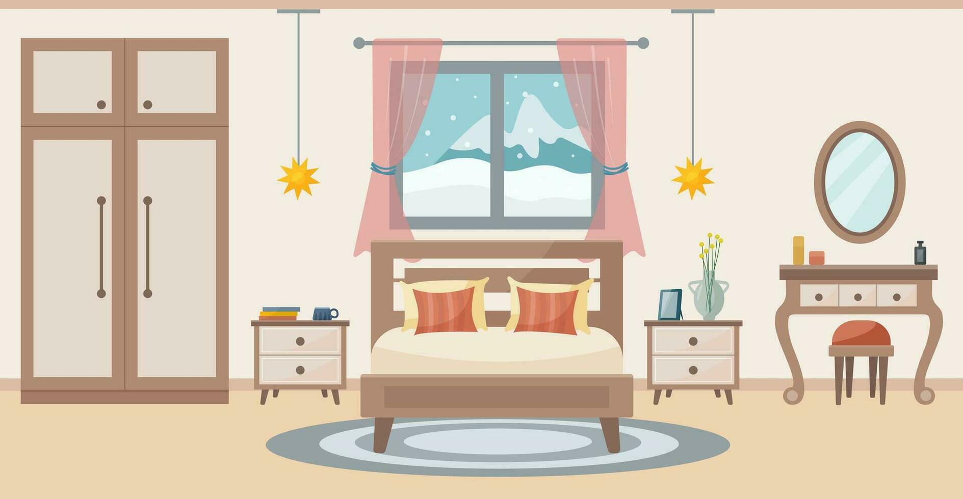 Cozy bedroom. Bedroom interior bed, dressing table with chair, carpet, potted plants, wardrobe, window with a winter view. Interior concept. Vector flat illustration.