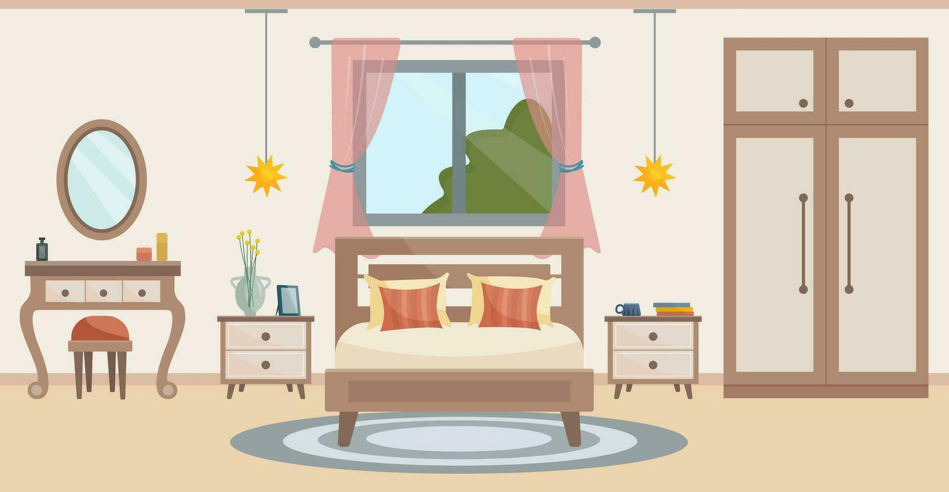 acogedor dormitorio. dormitorio interior cama, vendaje mesa con silla, alfombra, en conserva plantas, armario, ventana con un verano vista. interior concepto. vector plano ilustración.