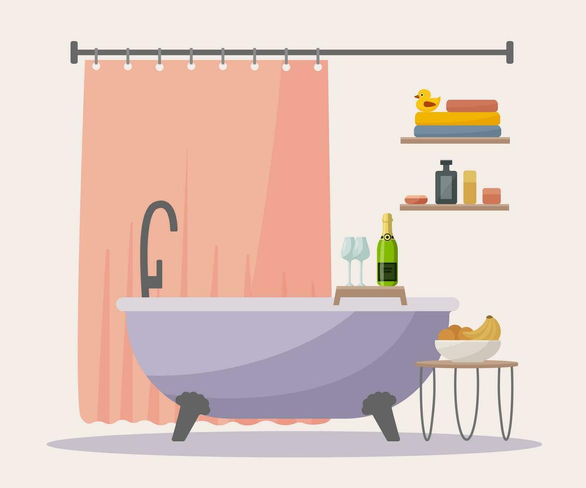 Stylish bathroom in flat vector style. Accessories shampoo, shower gel, soap, shelf, stool, vase, towel. Romance with your loved one.