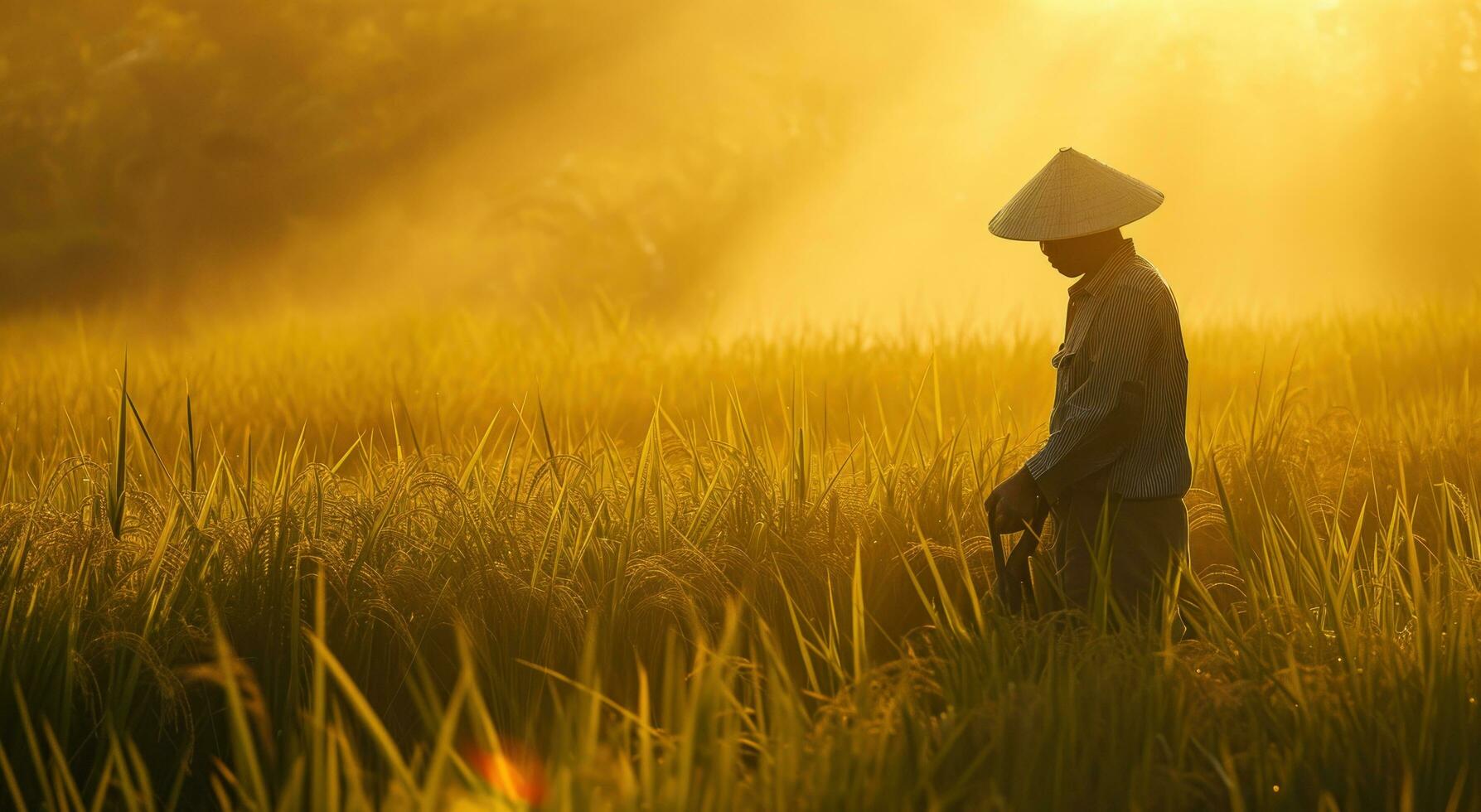 AI generated one of the workers in a field of rice photo