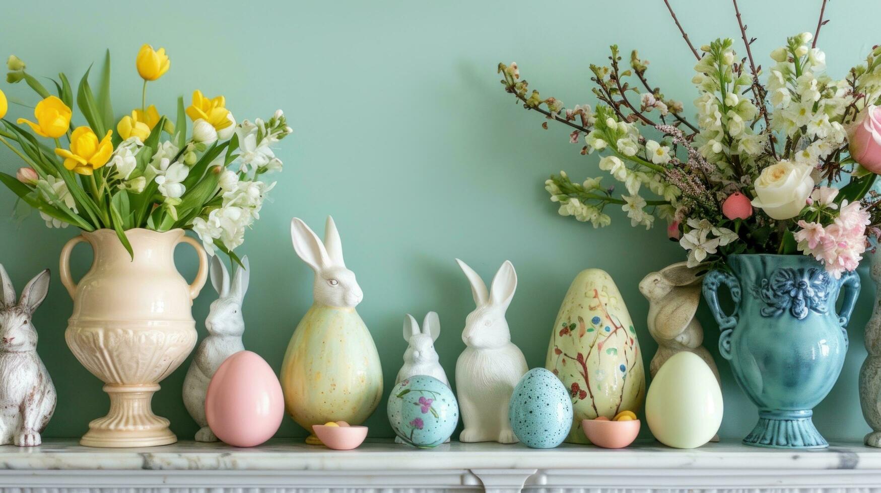 AI generated A fireplace mantel adorned with Easter-themed decor photo
