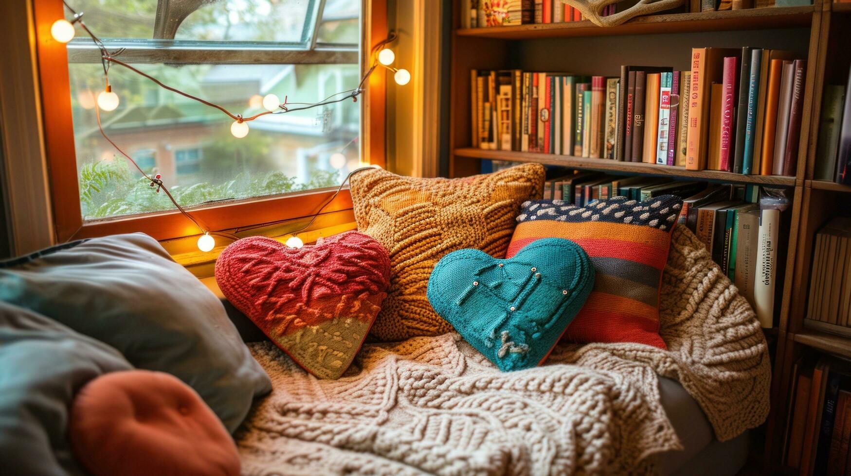 AI generated Plush Throws, Heart-shaped Cushions, and Love-themed Books photo