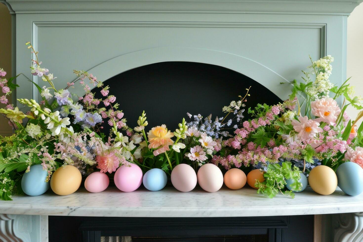 AI generated Colorful Eggs and Spring Florals Frame Fireplace photo