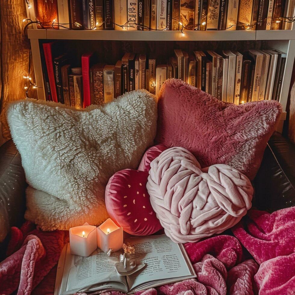 AI generated Plush Throws, Heart-shaped Cushions, and Love-themed Books photo