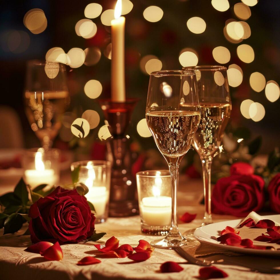 AI generated Candlelit Dinner with Roses, Hearts, and Soft Textures photo