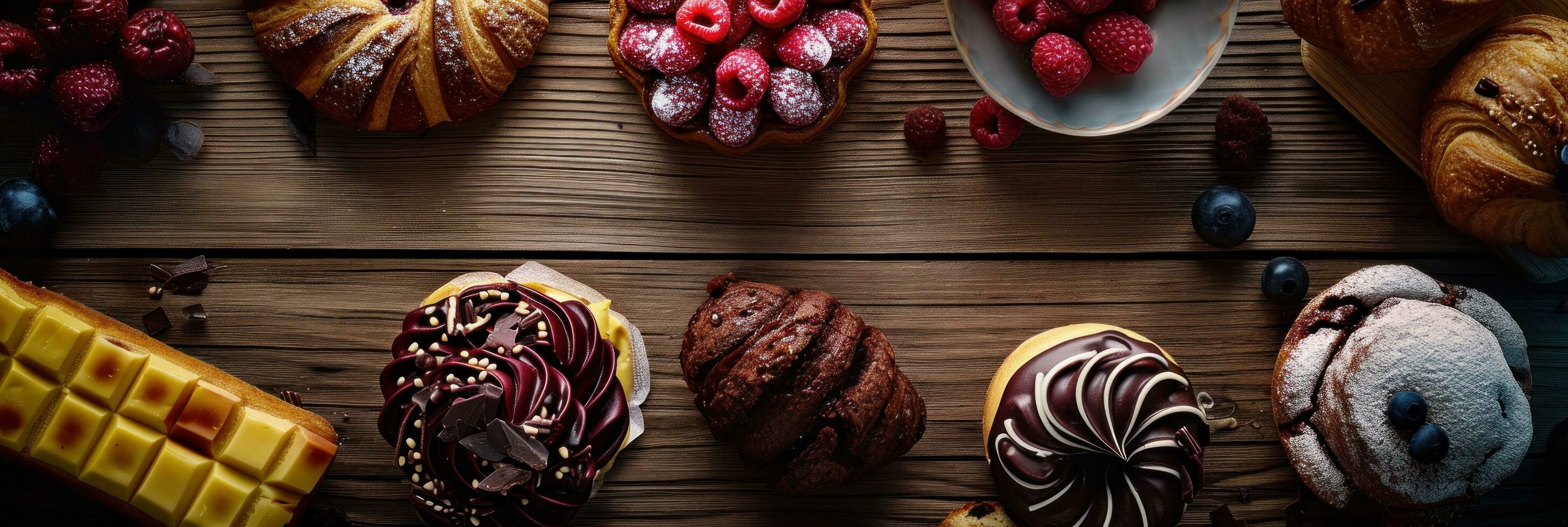 AI generated several different pastries are put on a wooden table photo