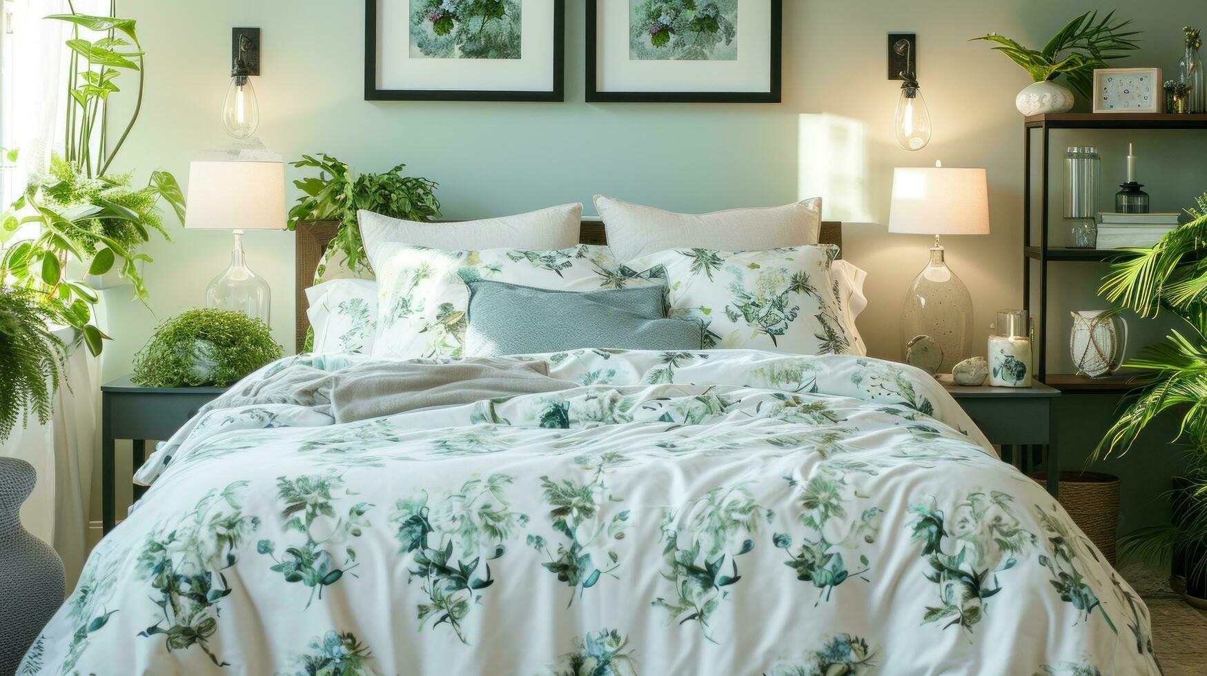 AI generated A bedroom transformed into a spring garden oasis with botanical-printed bedding photo