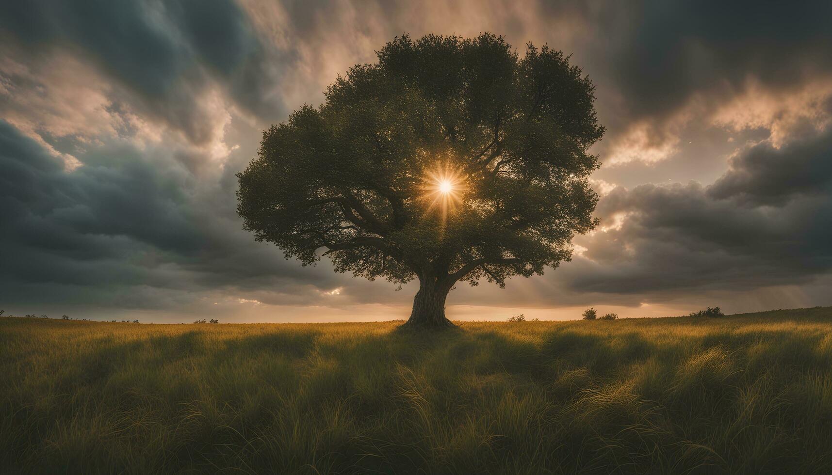 ai generado un solitario árbol en un campo con el Dom brillante mediante el nubes foto