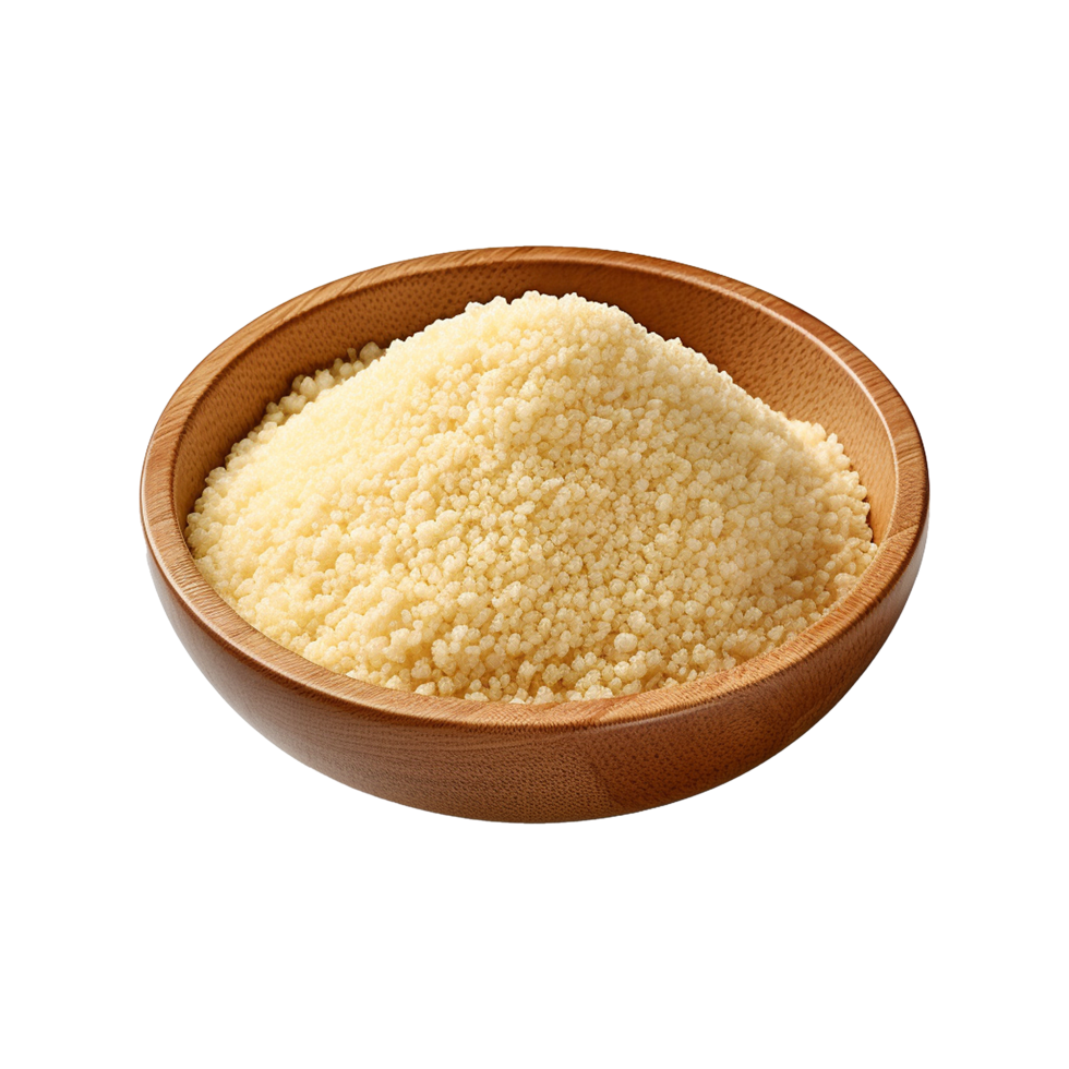 AI generated Uncooked dried couscous in wooden bowl isolated on transparent background png