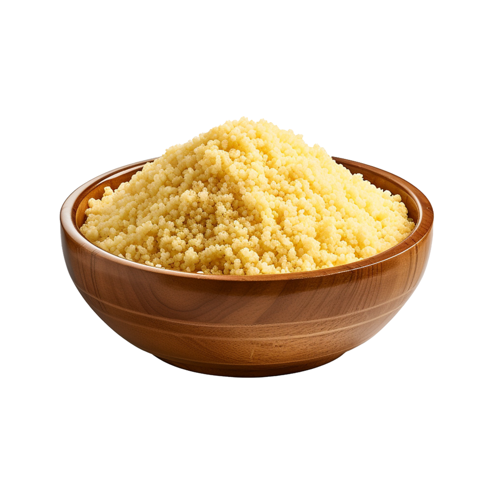 AI generated Uncooked dried couscous in wooden bowl isolated on transparent background png