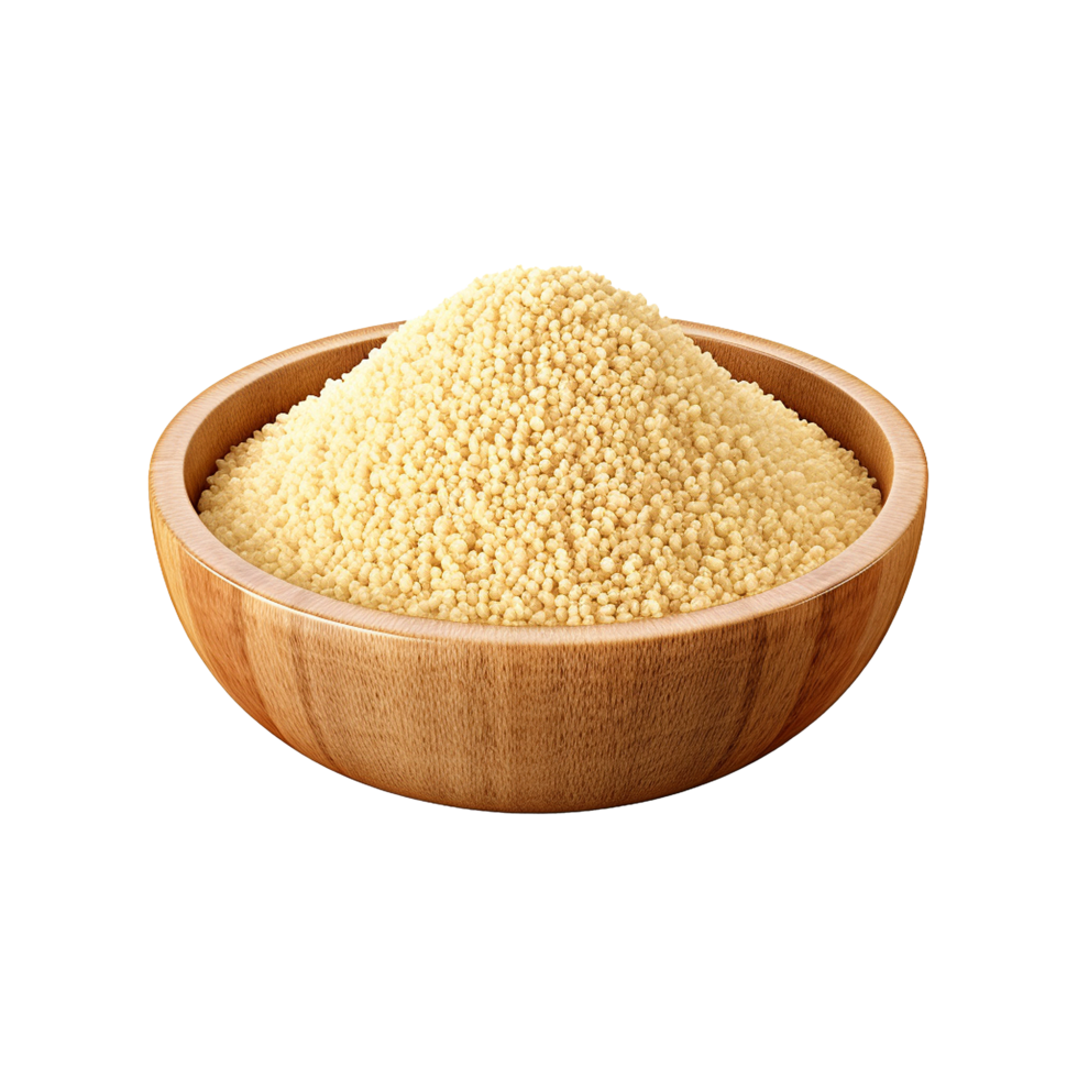 AI generated Uncooked dried couscous in wooden bowl isolated on transparent background png