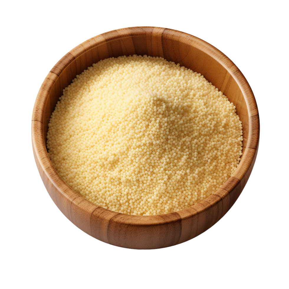 AI generated Uncooked dried couscous in wooden bowl isolated on transparent background png