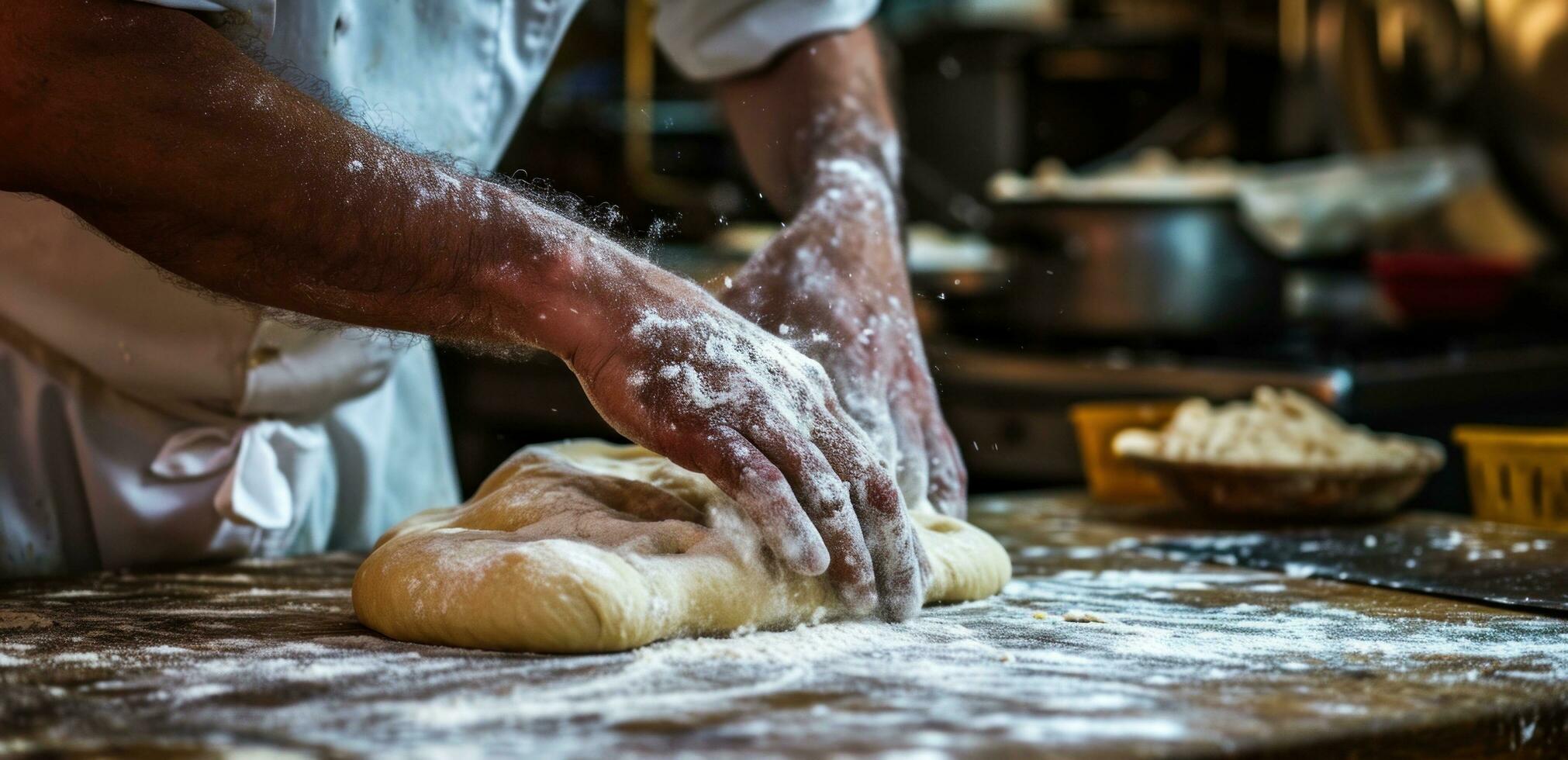 ai generado cocinero amasadura masa en de madera encimera foto