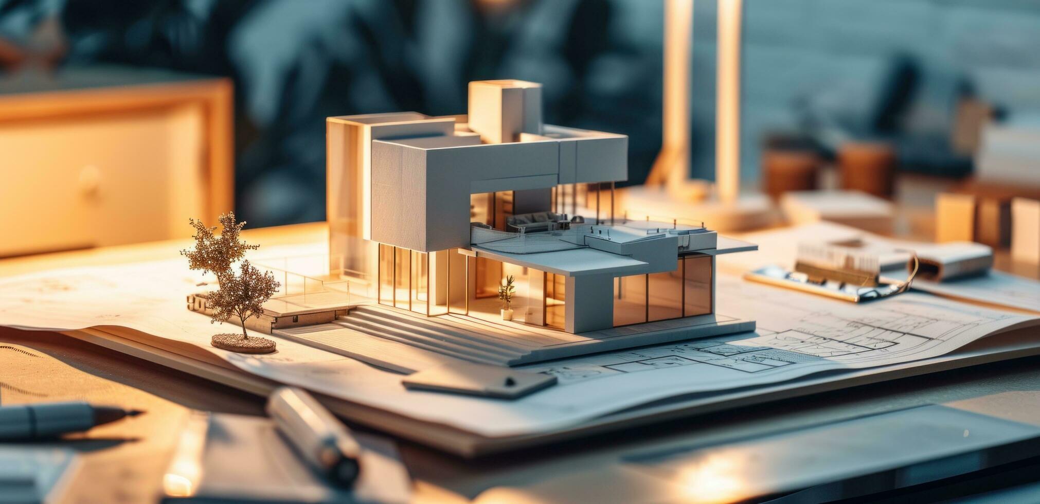 AI generated a set of house plans on a table with a model on the table photo