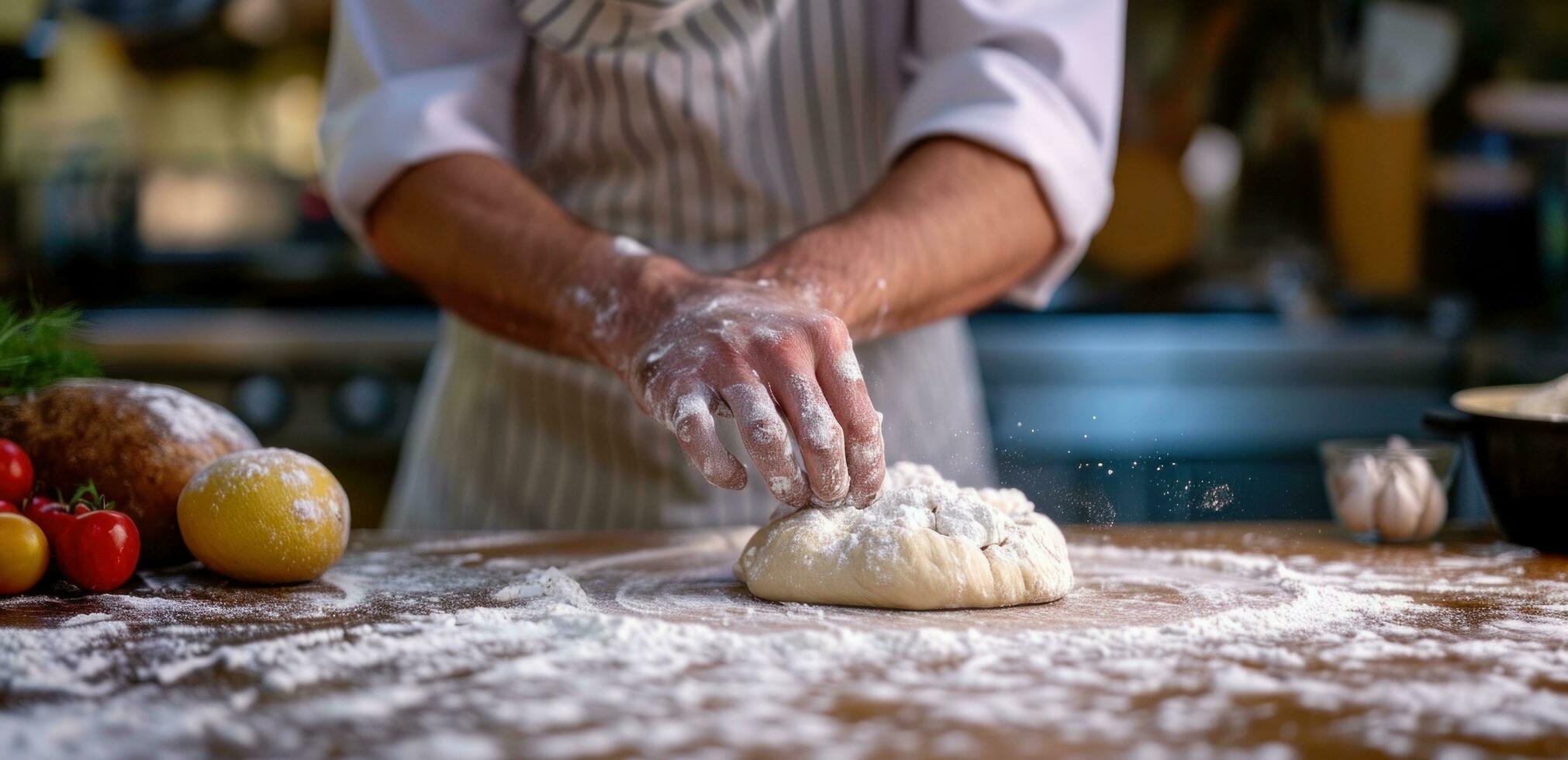 AI generated chef kneading dough on wooden countertop photo