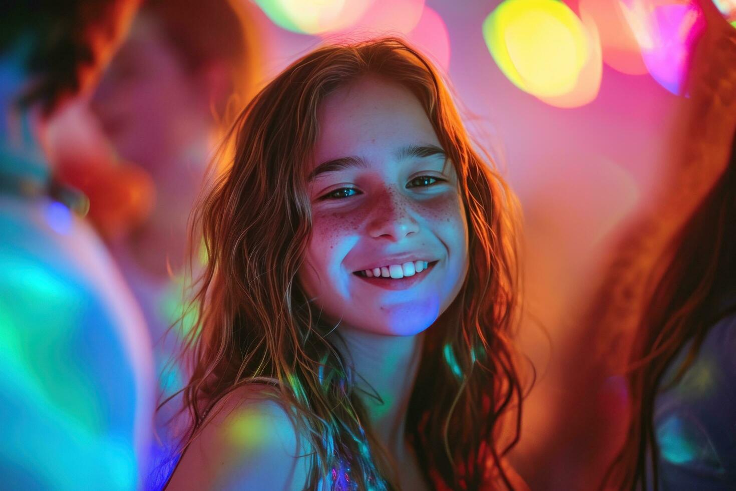 ai generado un joven niña sonriente mientras a un fiesta foto